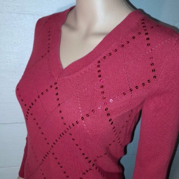 Tommy Hilfiger Women's XS Red Sparkle Sequin Argyle Vneck Sweater Holiday Y2K - Picture 5 of 9
